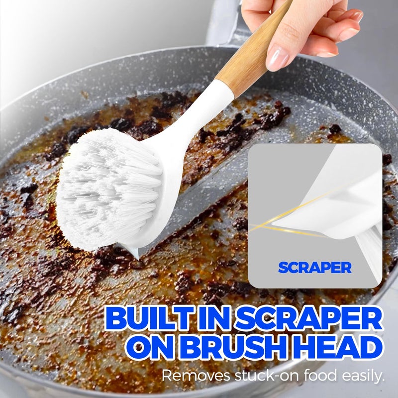 Holikme 3 Pack Dish Brush Set with Bamboo Handle, Kitchen Cleaner for Cleaning Pasta Plate, Salad Bowl, Scrubber with Soft Bristles, Blanco - Image 4